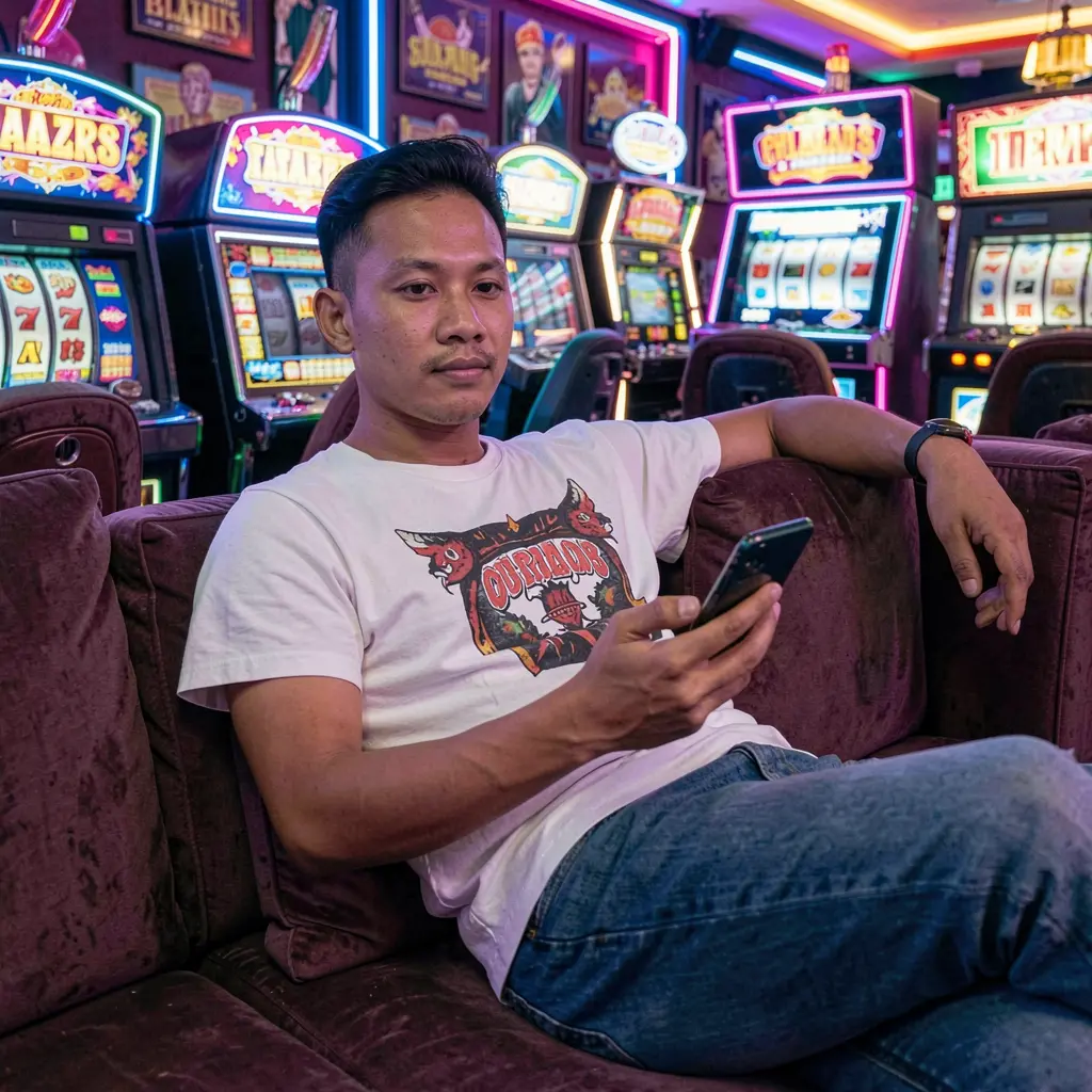 Indonesian man relaxing on a sofa while using the REJEKI 790 casino app with colorful slot machines and neon lights behind him