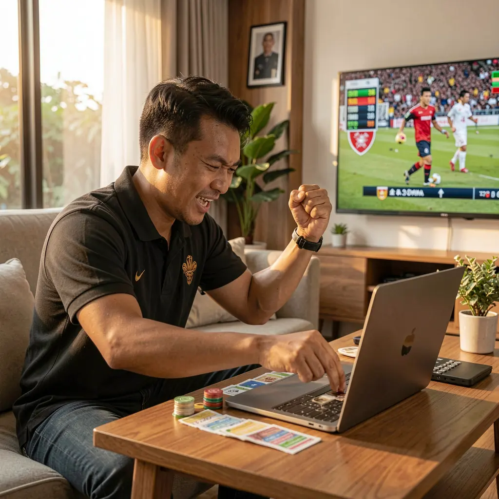 Excited Indonesian sports fan celebrating a winning bet placed on his laptop with REJEKI 790 while watching a live soccer match at home
