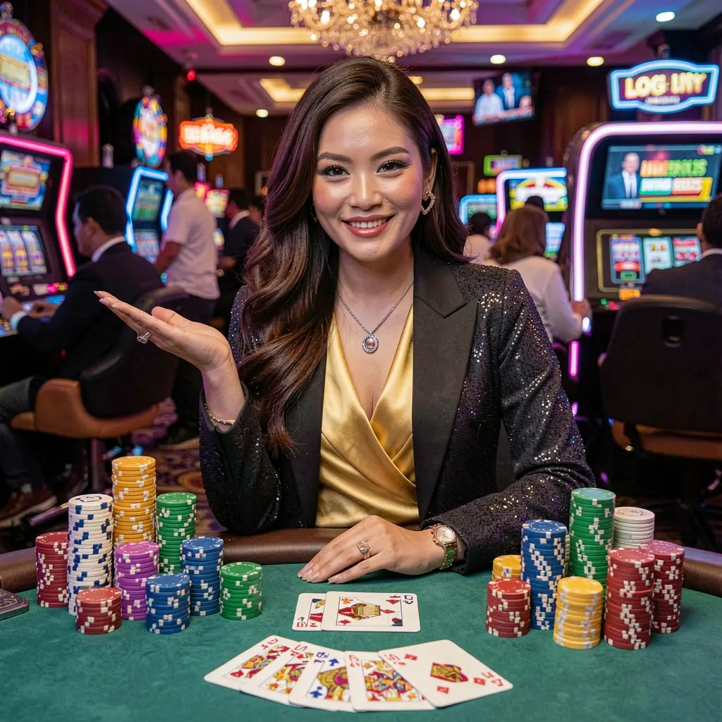 Stylish live casino dealer in a dramatic outfit guiding players through an immersive REJEKI 790 casino experience for Indonesia